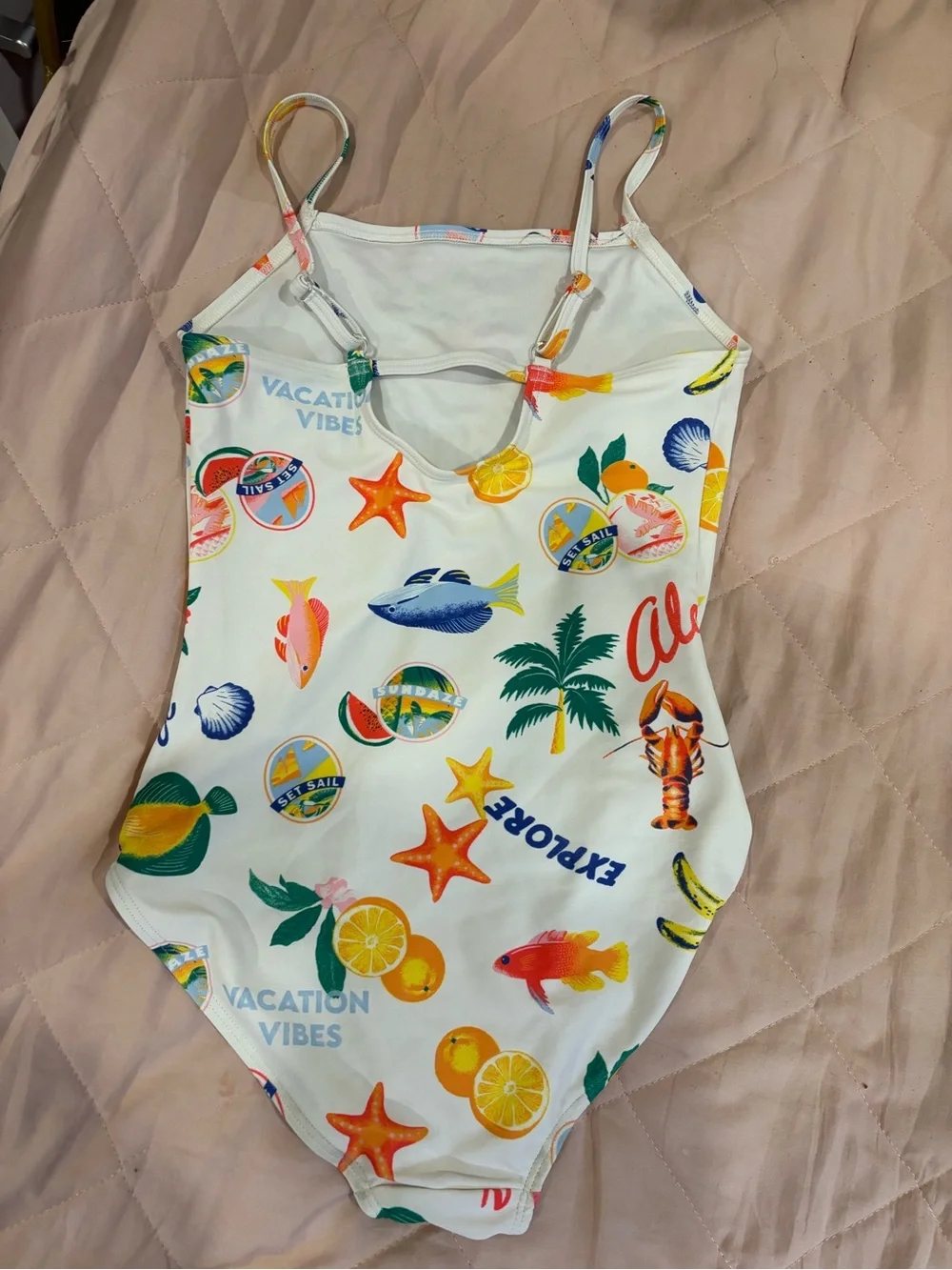 Old Navy White One-Piece Swimsuit with Tropical Multicolor Print